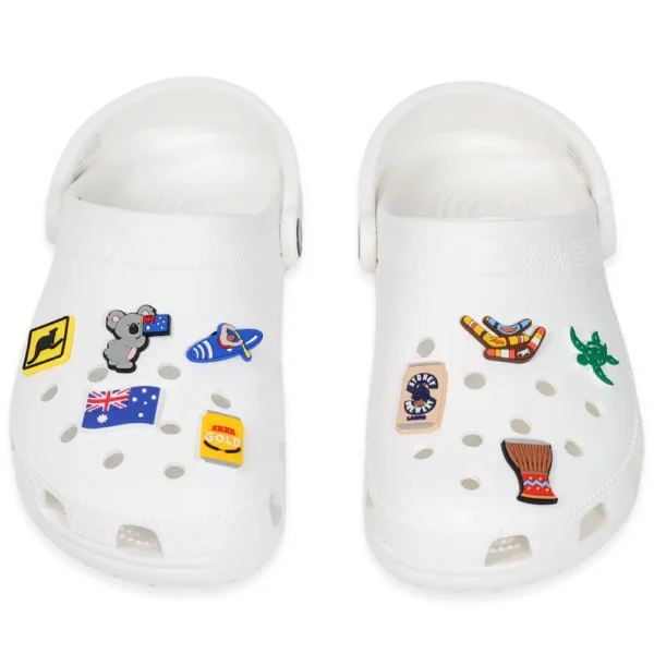 White footwear decorated with Australia shoe charms, koala, kangaroo, flag, beach, and Aussie beer set – Crocs-compatible design