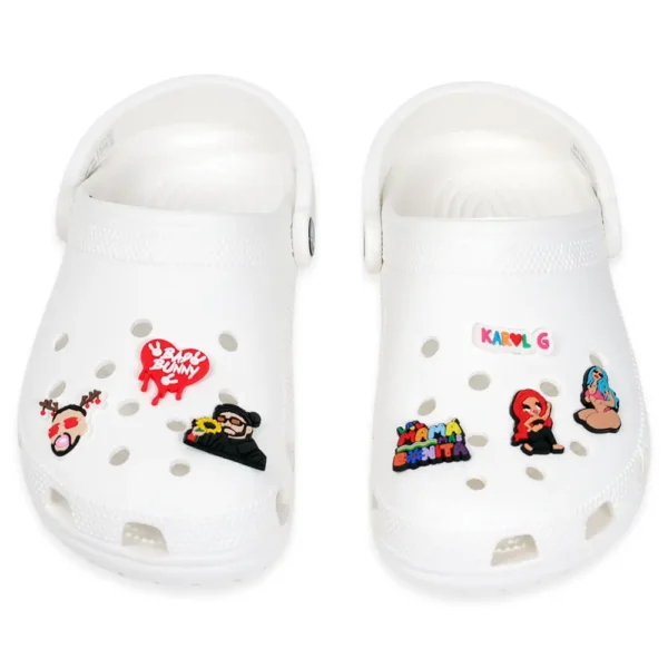 Bad Bunny Karol G shoe charms on white Crocs