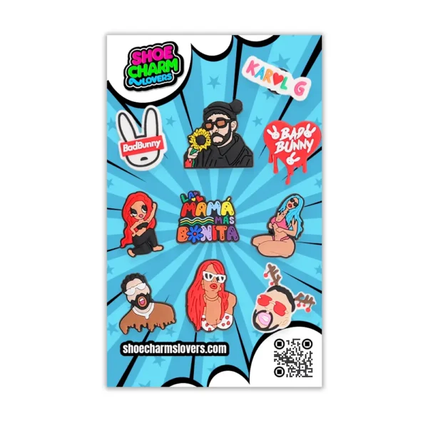 Shiny Bad Bunny and Karol G shoe charms in retail packaging