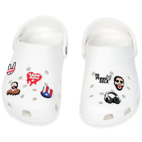Bad Bunny charms placed on white Crocs