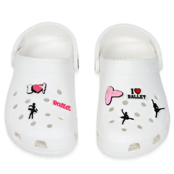 Dance shoe charms on white Crocs – ballerina style