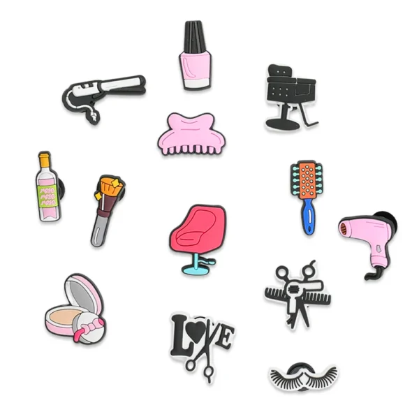 13-piece barber and beauty shoe charms set for Crocs – includes scissors, nail polish, blow dryer, barber chair, and more