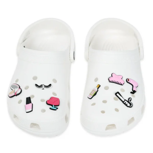 Barber and beauty charms on white Crocs – perfect for hair professionals and salon workers