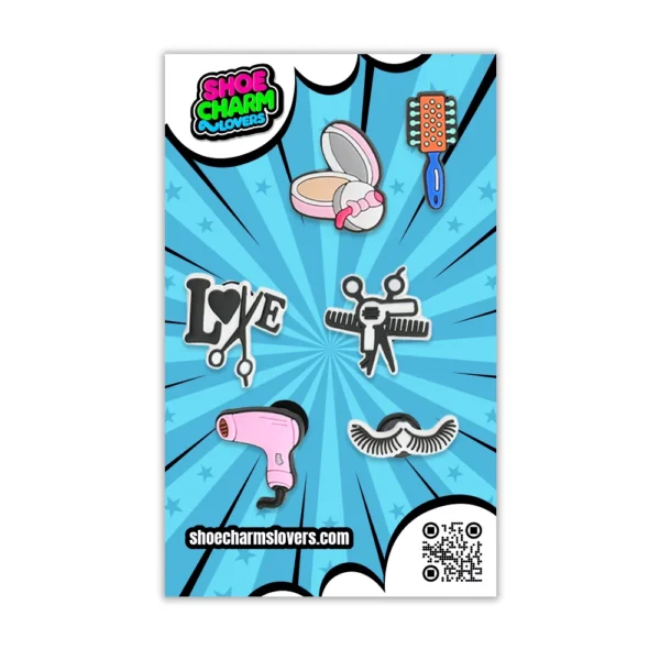 Blister pack with 13 beauty and barber tools shoe charms – hairstylist essentials for Crocs