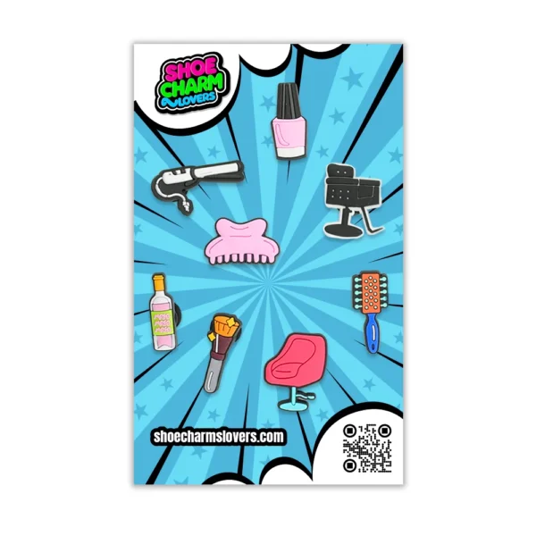 Blister pack with 13 beauty and barber tools shoe charms – hairstylist essentials for Crocs