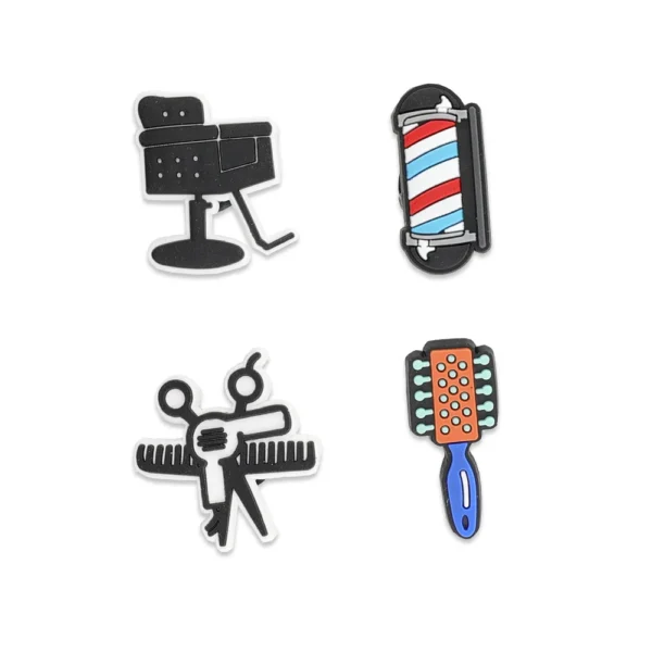 Barber Shoe Charms Bundle – 4 barber-themed charms for Crocs: chair, pole, scissors, and brush