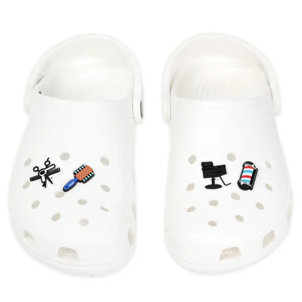 Barber shoe charms on white Crocs – perfect for barbers, stylists, and salon professionals