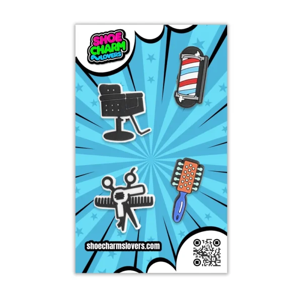 Blister pack with Barber Shoe Charms – 4 Crocs accessories for hairdressers and barbers