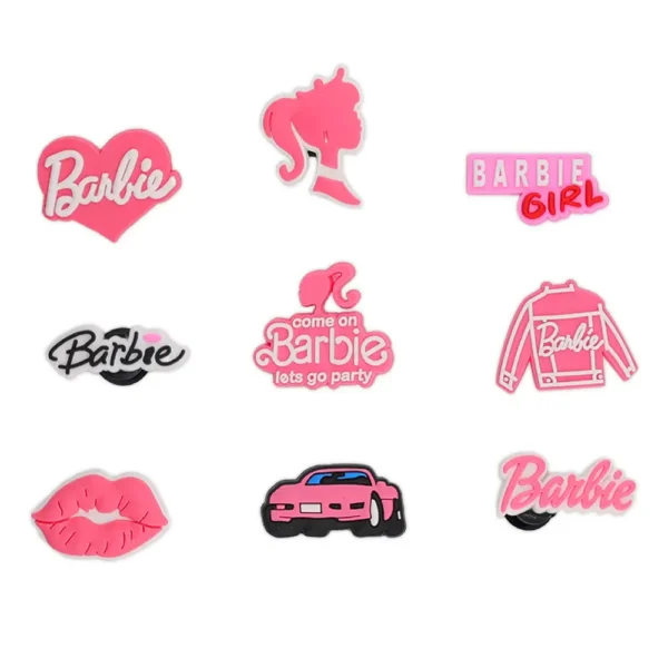 Barbie Shoe Charms Bundle - Set of nine pink Barbie-themed shoe charms including logos, lips, a car, a jacket, and silhouette designs