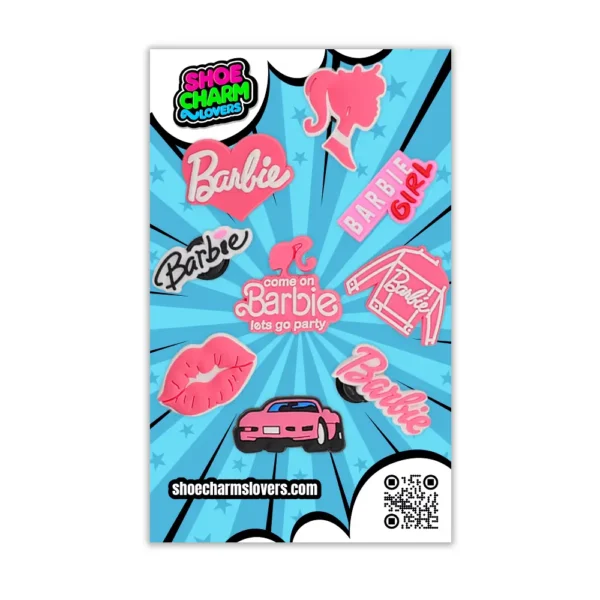 Barbie Shoe Charms Bundle -Barbie-themed shoe charms displayed on a blue comic-style card with branding from Shoe Charm Lovers.