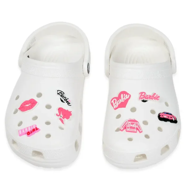 Barbie Shoe Charms Bundle -White Crocs decorated with pink Barbie-themed shoe charms, including lips, logos, car, and silhouette designs