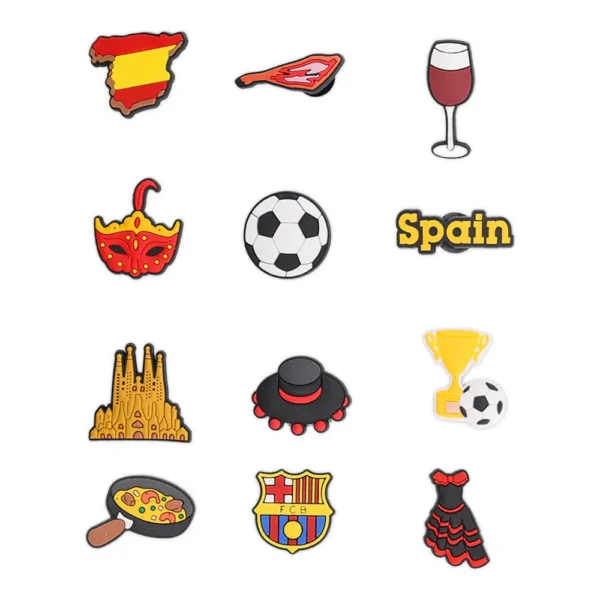 12-piece Barcelona Spain Shoe Charms set – icons like wine, paella, flamenco & Camp Nou for Crocs