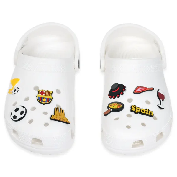 Barcelona-themed charms styled on white Crocs – Spain travel flair