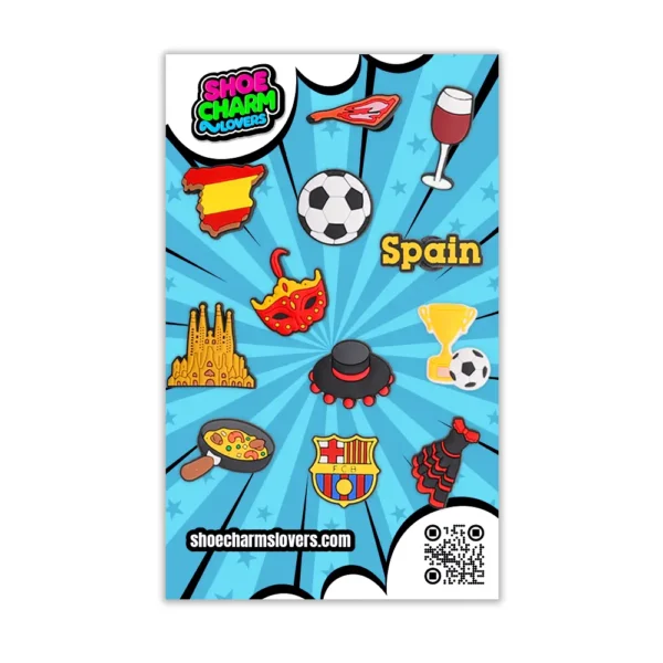 Retail blister pack of 12 Spanish culture charms – includes FC Barcelona, flamenco, and tapas symbols