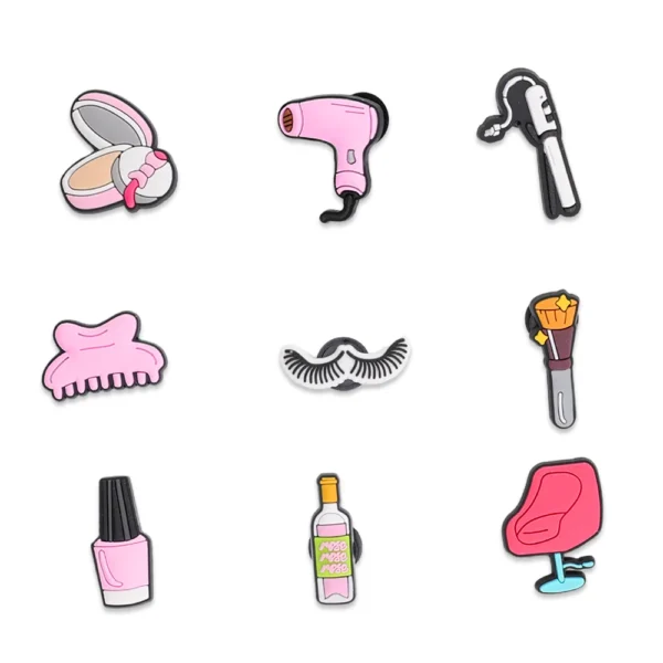 Beauty Salon Shoe Charms Bundle – 9-piece set of makeup, hair, and manicure-themed charms in pink