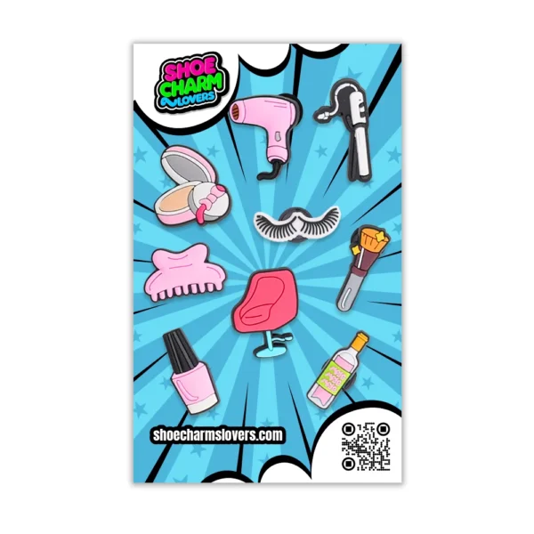 Blister pack of 9 beauty salon shoe charms – perfect gift set for stylists and glam enthusiasts