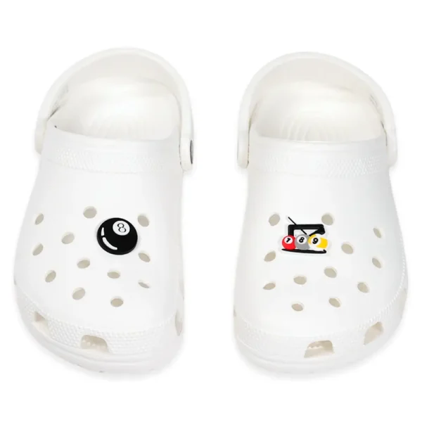 billiard shoe charms on white Crocs – stylish and sporty