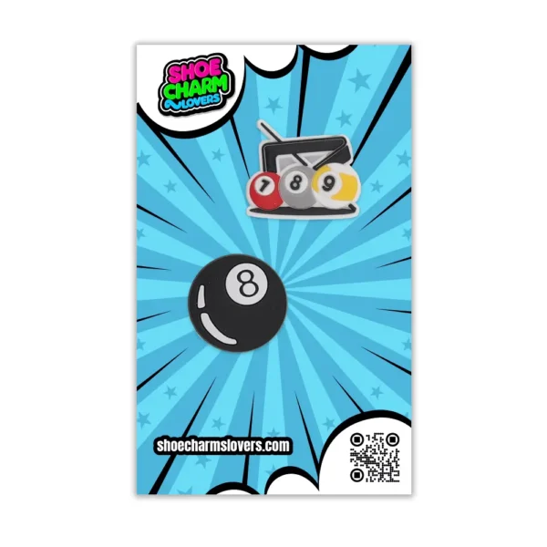 Blister pack with billiard shoe charms – includes 8 ball and table design