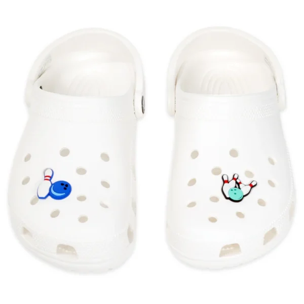 Bowling charms on white Crocs – sporty accessory with pins and ball design