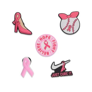 Breast Cancer Awareness Shoe Charms Bundle – 5 pink Crocs charms with ribbons and inspiring messages