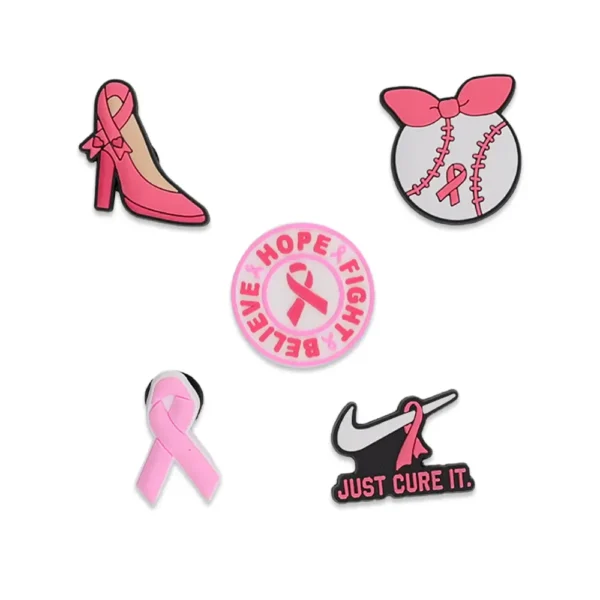 Breast Cancer Awareness Shoe Charms Bundle – 5 pink Crocs charms with ribbons and inspiring messages