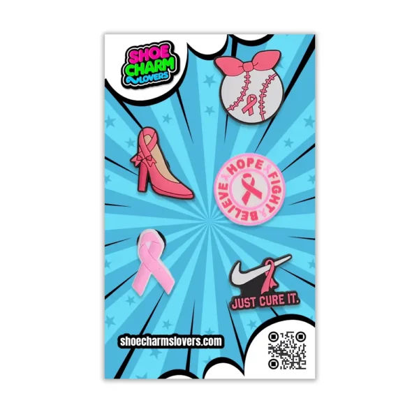Blister pack of Breast Cancer Awareness Shoe Charms – 5 meaningful pink charms for fighters and supporters