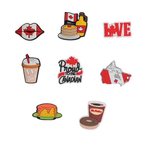 Canada Shoe Charms -Canada-themed shoe charm set featuring icons like maple syrup, pancakes, Tim Hortons coffee, Canadian flag, and "Proud to be Canadian" slogan on a blue comic-style background