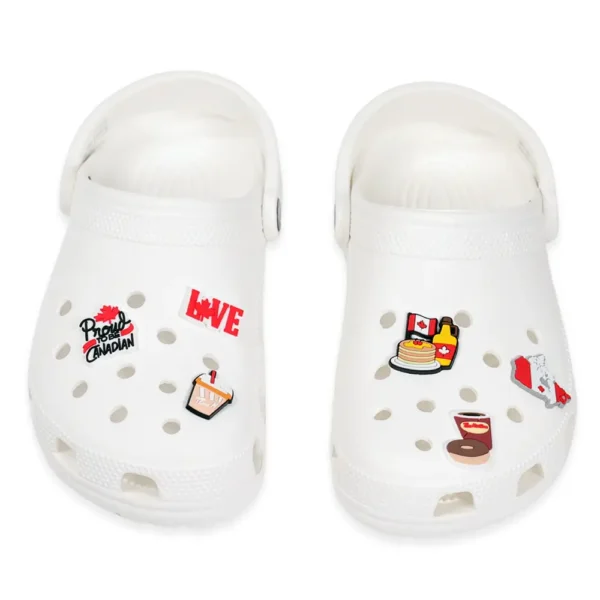 Canada Shoe Charms Bundle -White Crocs decorated with Canadian-style charms, including maple syrup, Canadian flag, Tim Hortons coffee, and "Proud to be Canadian" designs