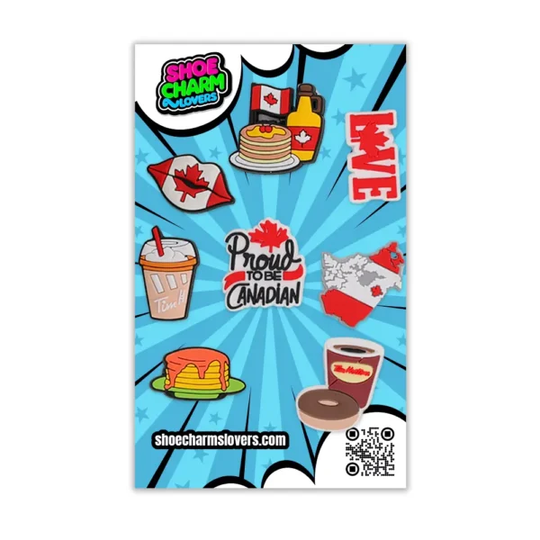 Canada Shoe Charms Bundle -Set of Canadian-themed shoe charms with illustrations including maple syrup pancakes, Tim Hortons cup, a map of Canada, and patriotic phrases on a white background