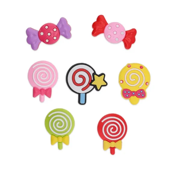 Candy Charms for Crocs Bundle - Set of 8 candy-themed shoe charms featuring spiral lollipops, bows, and wrapped candies, displayed on a white background.