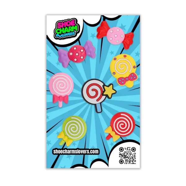 Candy Charms for Crocs Bundle - Candy shoe charm set for Crocs with bright lollipop and candy designs on a fun blue comic-style background with Shoe Charms Lovers branding