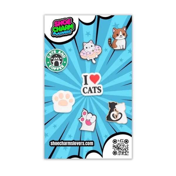 Cat charms on white Crocs - Blister pack with cat lover charms for Crocs – paw and kitty face designs