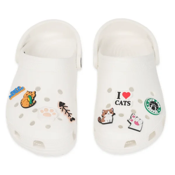 Cat charms on white Crocs – perfect for feline fans