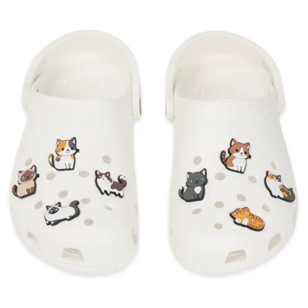 Multicolored cat charms on white Crocs – pastel charm pack for feline fans and lovers of cute shoes