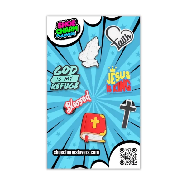 Catholic shoe charms displayed in blister pack