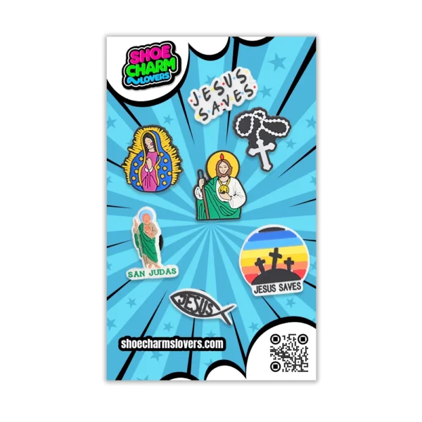 Catholic shoe charms displayed in blister pack