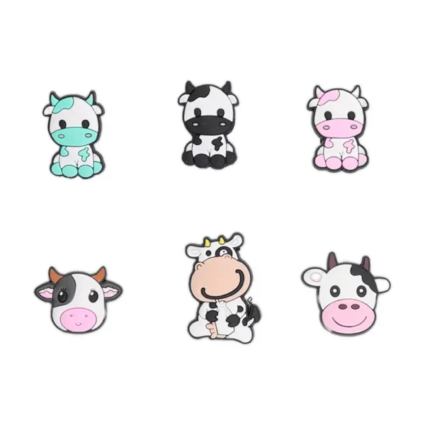 Cow Shoe Charms Bundle – 6 Crocs charms with cute cow faces, milk bottles, and pastel farmcore style