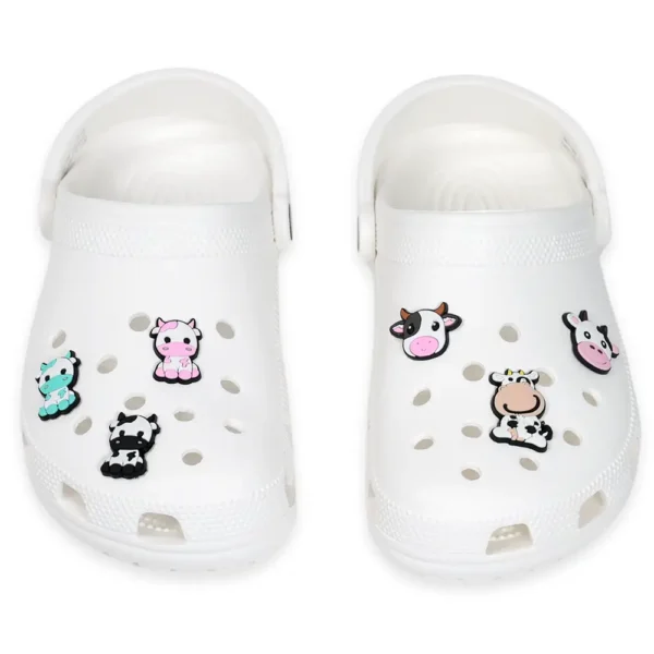 Cow shoe charms on white Crocs – 6-piece bundle with cow faces, milk accessories, and soft pink accents