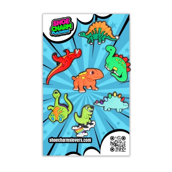 Blister pack of Dinosaur Shoe Charms – 7 fun prehistoric-themed Crocs charms for kids