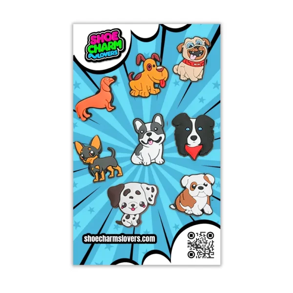 Blister pack with 26 dog shoe charms – cute & charming doggy styles
