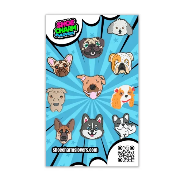 Blister pack with 26 dog shoe charms – cute & charming doggy styles