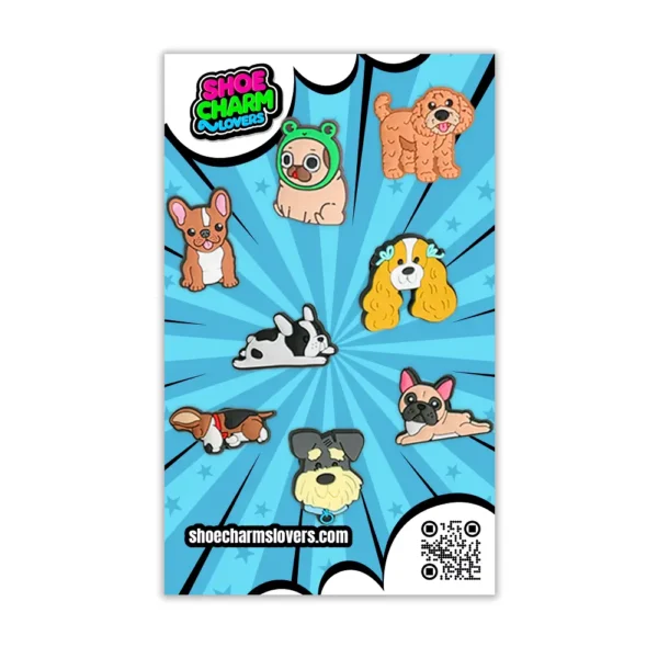 Blister pack with 26 dog shoe charms – cute & charming doggy styles