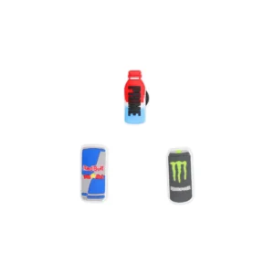 Energy Drink Shoe Charms for Crocs – Red Bull, Prime bottle, and Monster-inspired charms