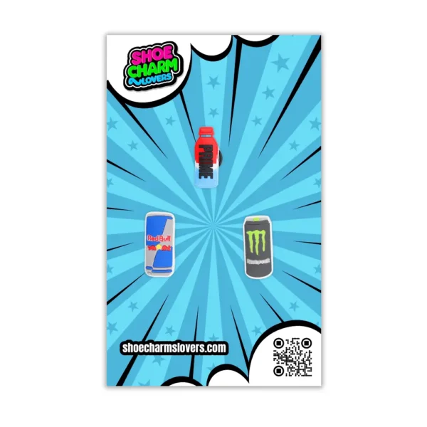 Blister pack of Energy Drink Shoe Charms for Crocs – Red Bull, Prime bottle, and Monster-inspired charms