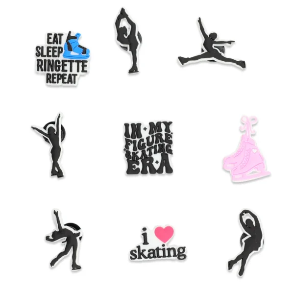 Figure skating shoe charms set – skater silhouettes, quotes, and ice skates for Crocs