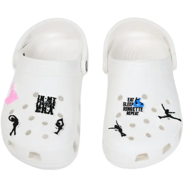 Ice skating shoe charms on white Crocs – delicate, wintery style
