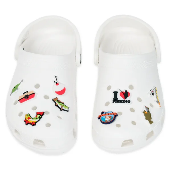 Fishing-themed charms for Crocs on white clog
