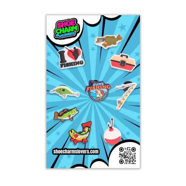 Fishing shoe charms in retail blister packaging