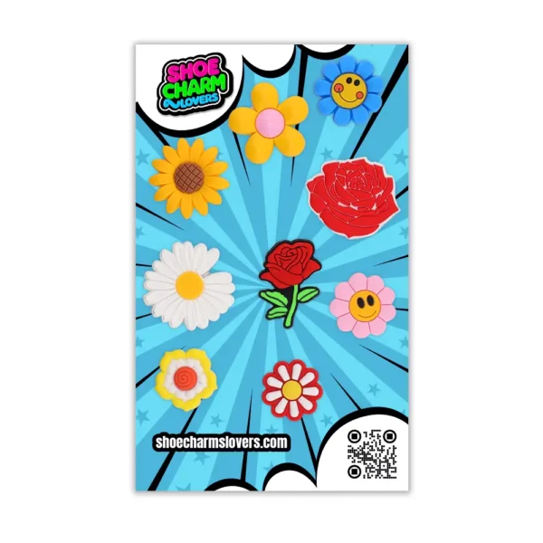 9 kawaii flower shoe charms in blister – daisy, rose and smiley face charm combination