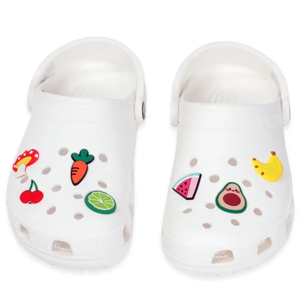 fruit vegetable shoe charms on white Crocs